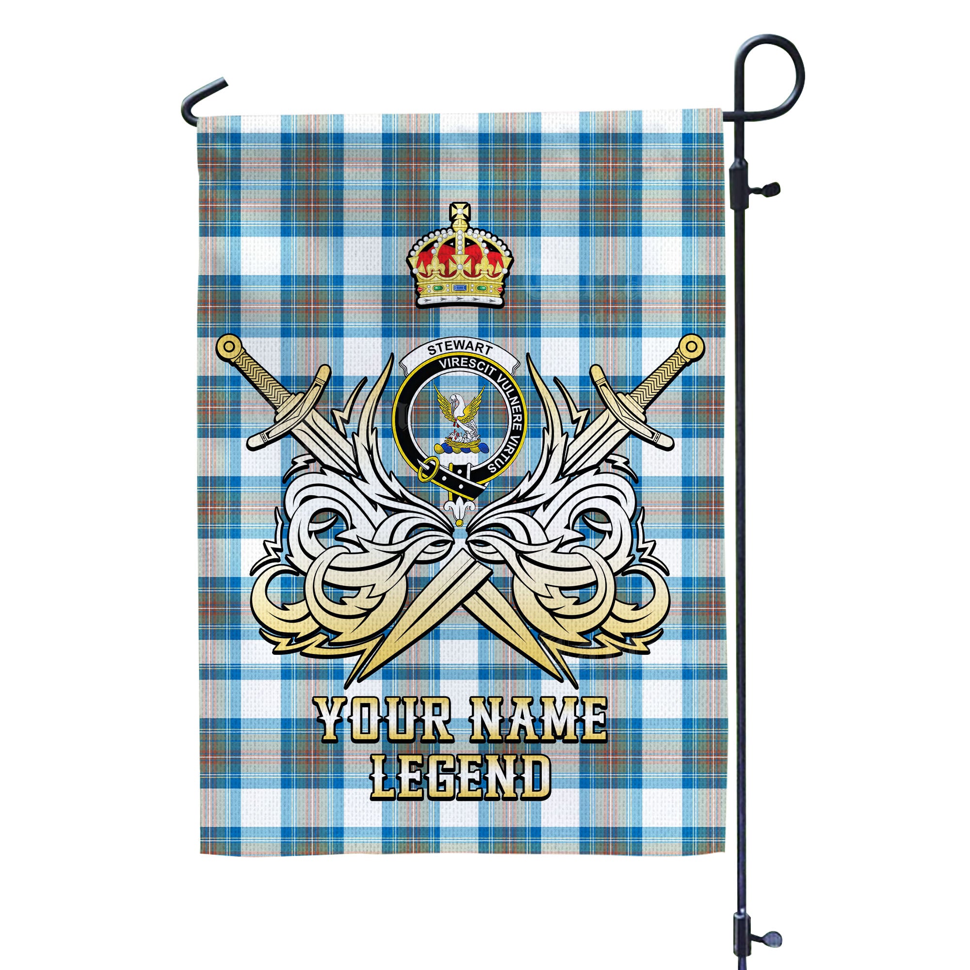 Custom Name Clan Stewart Muted Blue Tartan Garden Flag with Clan Crest and the Golden Sword of Courageous Legacy PW68