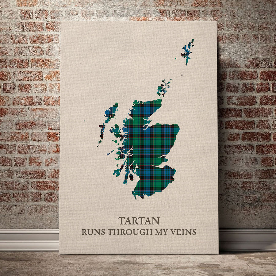 Stewart Old Ancient Tartan Scotland Map Canvas – “Tartan Runs Through My Veins” Wall Art