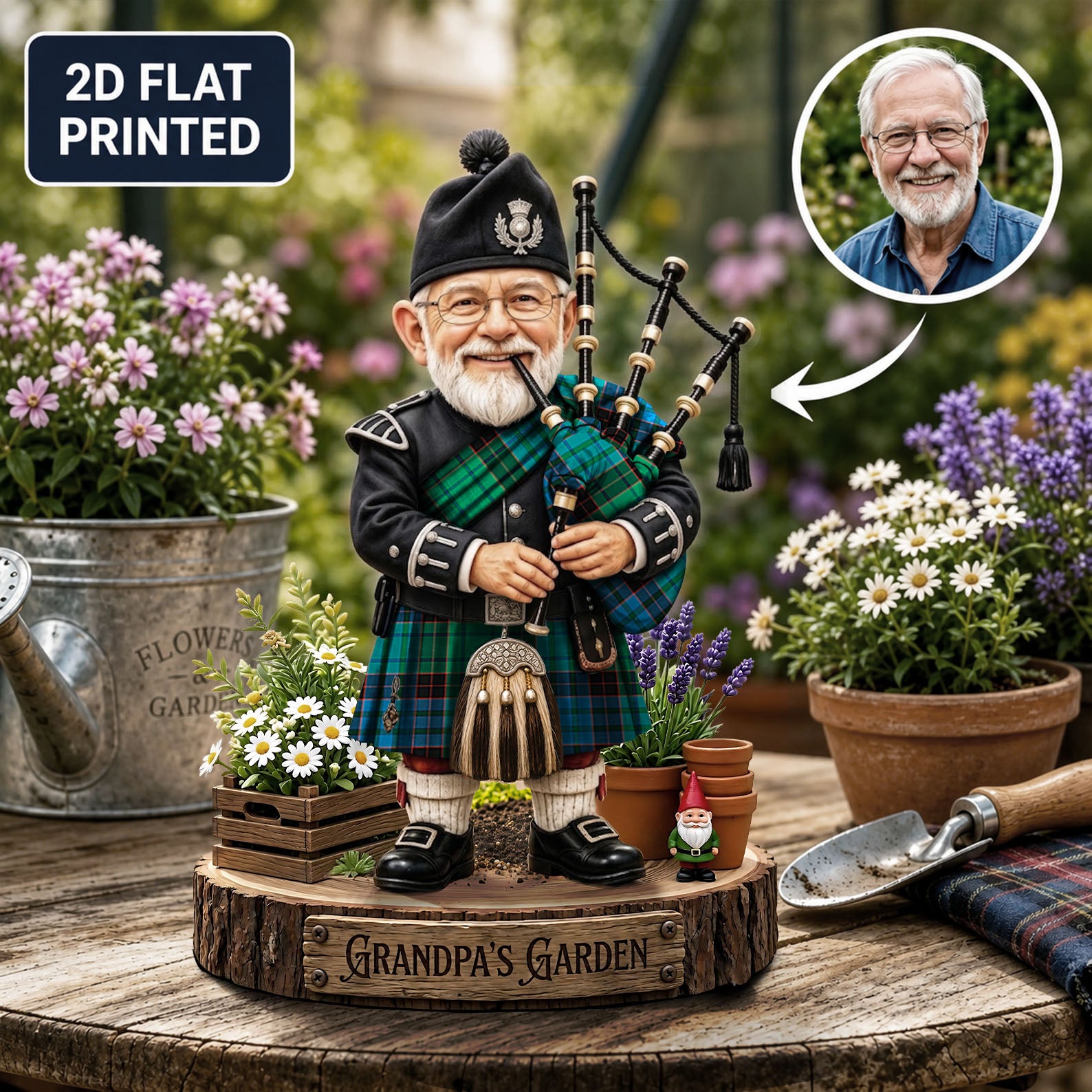 Personalized Stewart Old Ancient Clan Bagpipe Garden Gnome Caricature Plaque Custom Photo, Any Clan Tartan, Wood or Acrylic, Grandpa & Dad Gift, Scottish Highland Garden Decor RX22