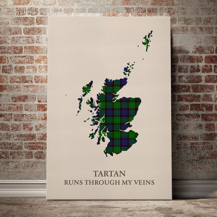 Stewart Old Modern Tartan Scotland Map Canvas – “Tartan Runs Through My Veins” Wall Art
