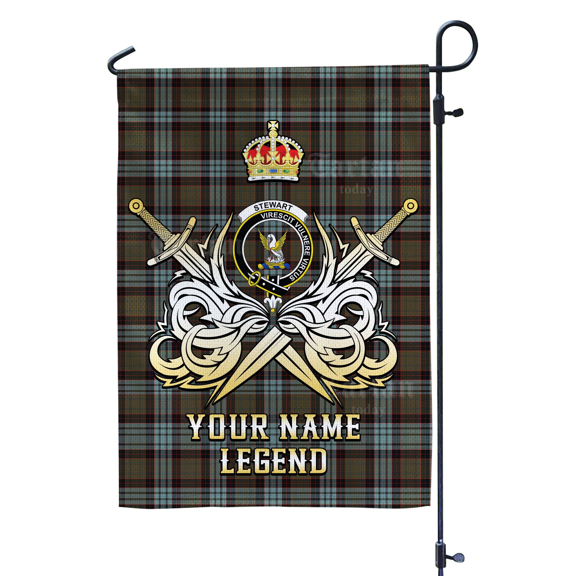 Custom Name Clan Stewart Old Weathered Tartan Garden Flag with Clan Crest and the Golden Sword of Courageous Legacy TE69