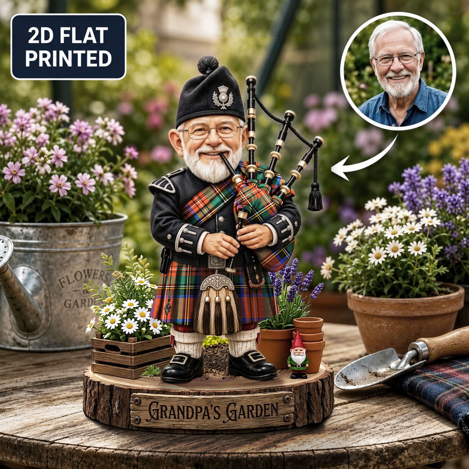 Personalized Stewart Royal Ancient Clan Bagpipe Garden Gnome Caricature Plaque Custom Photo, Any Clan Tartan, Wood or Acrylic, Grandpa & Dad Gift, Scottish Highland Garden Decor KC19