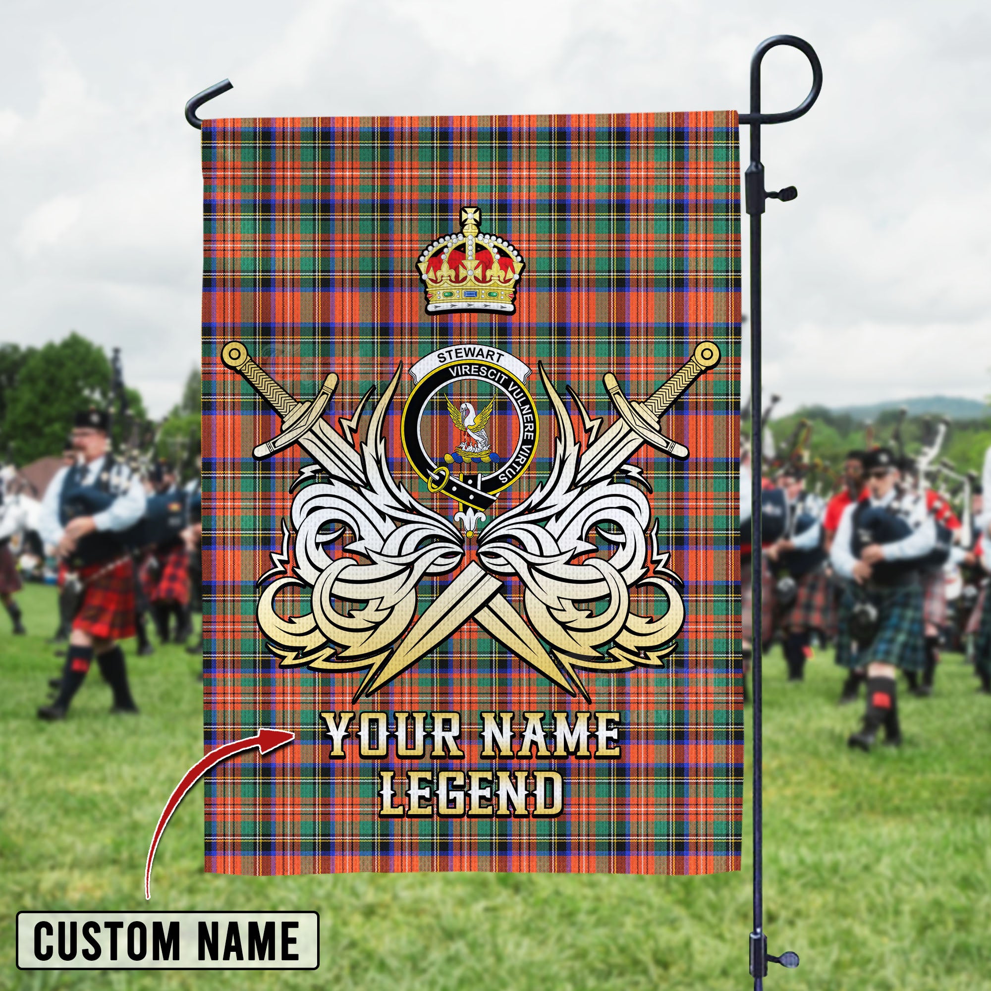 Personalized Custom Name Clan Stewart Royal Ancient Tartan Garden Flag with Clan Crest and the Golden Sword of Courageous Legacy MK75 - Stewart Royal Ancient Tartan Design, Scottish Heritage Gift
