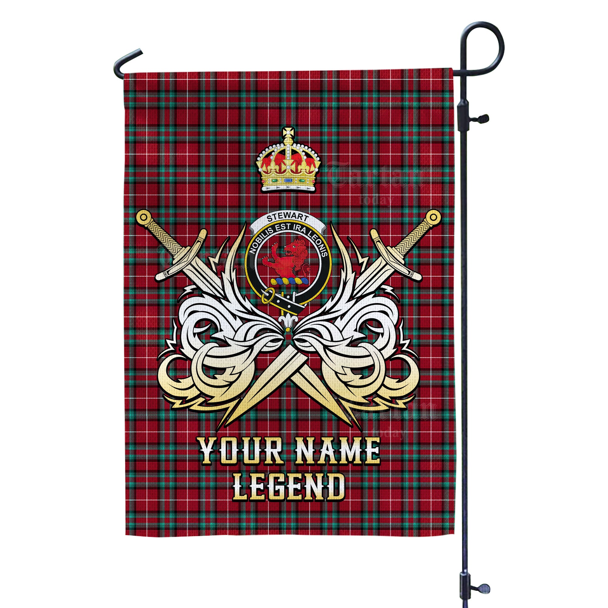 Custom Name Clan Stewart (Stuart) of Bute Tartan Garden Flag with Clan Crest and the Golden Sword of Courageous Legacy LI19