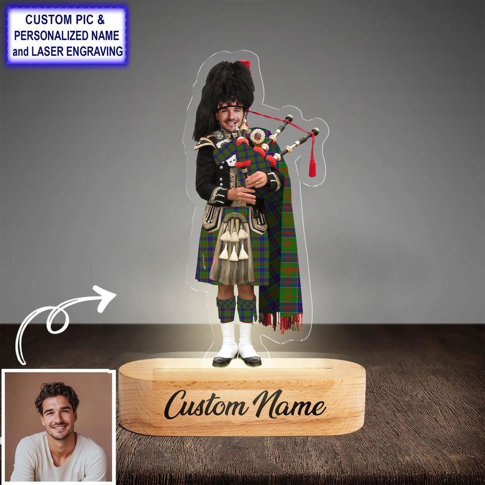 Custom Bagpipe Stewart of Appin Hunting Modern Tartan LED Night Light - Personalized Scottish Bagpiper Figurine with Wooden Stand