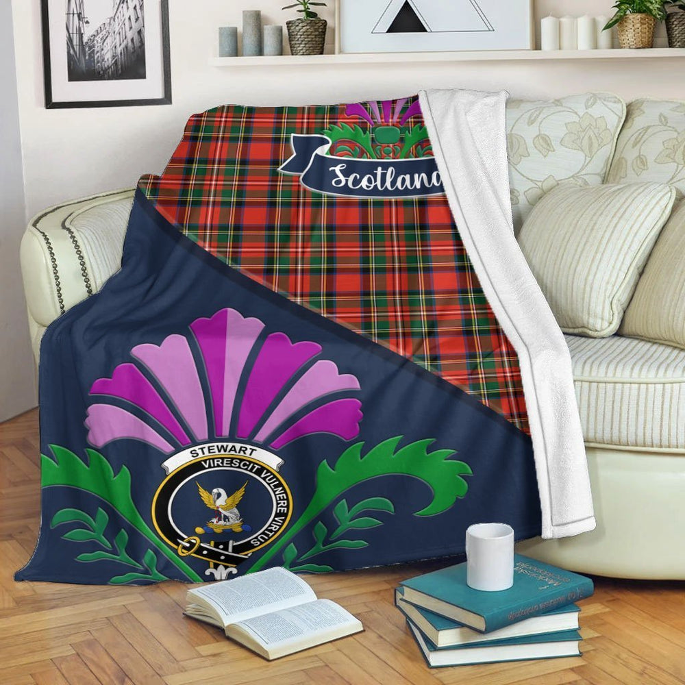 Clan Stewart (High Stewards) Tartan Crest Premium Blanket Thistle Style UO13 Clan Stewart Tartan Today   
