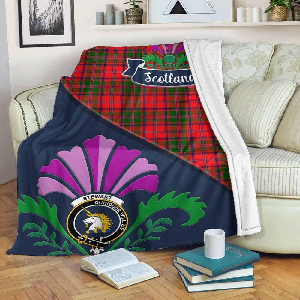Clan Stewart (of Appin) Tartan Crest Premium Blanket Thistle Style VR22 Clan Stewart Tartan Today   