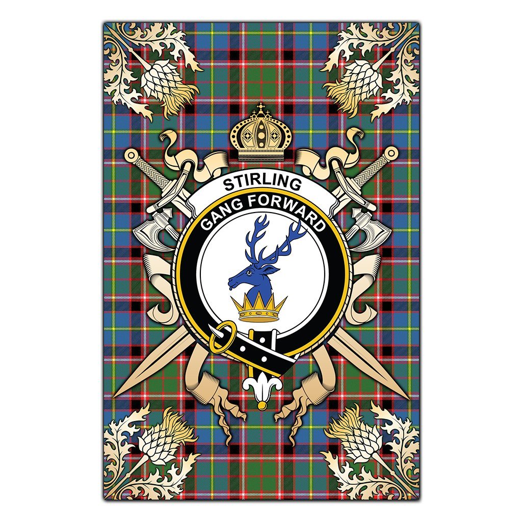 Clan Stirling Bannockburn Tartan Crest Black Garden Flag  - Gold Thistle  CB48 Clan Stirling Tartan Today   