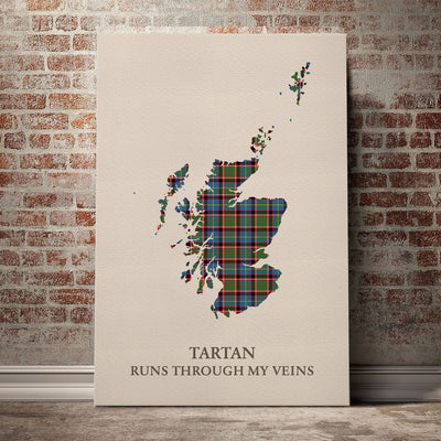 Clan Stirling (of Cadder-Present Chief) Tartan Scotland Map Canvas “Tartan Runs Through My Veins” Wall Art PQ79