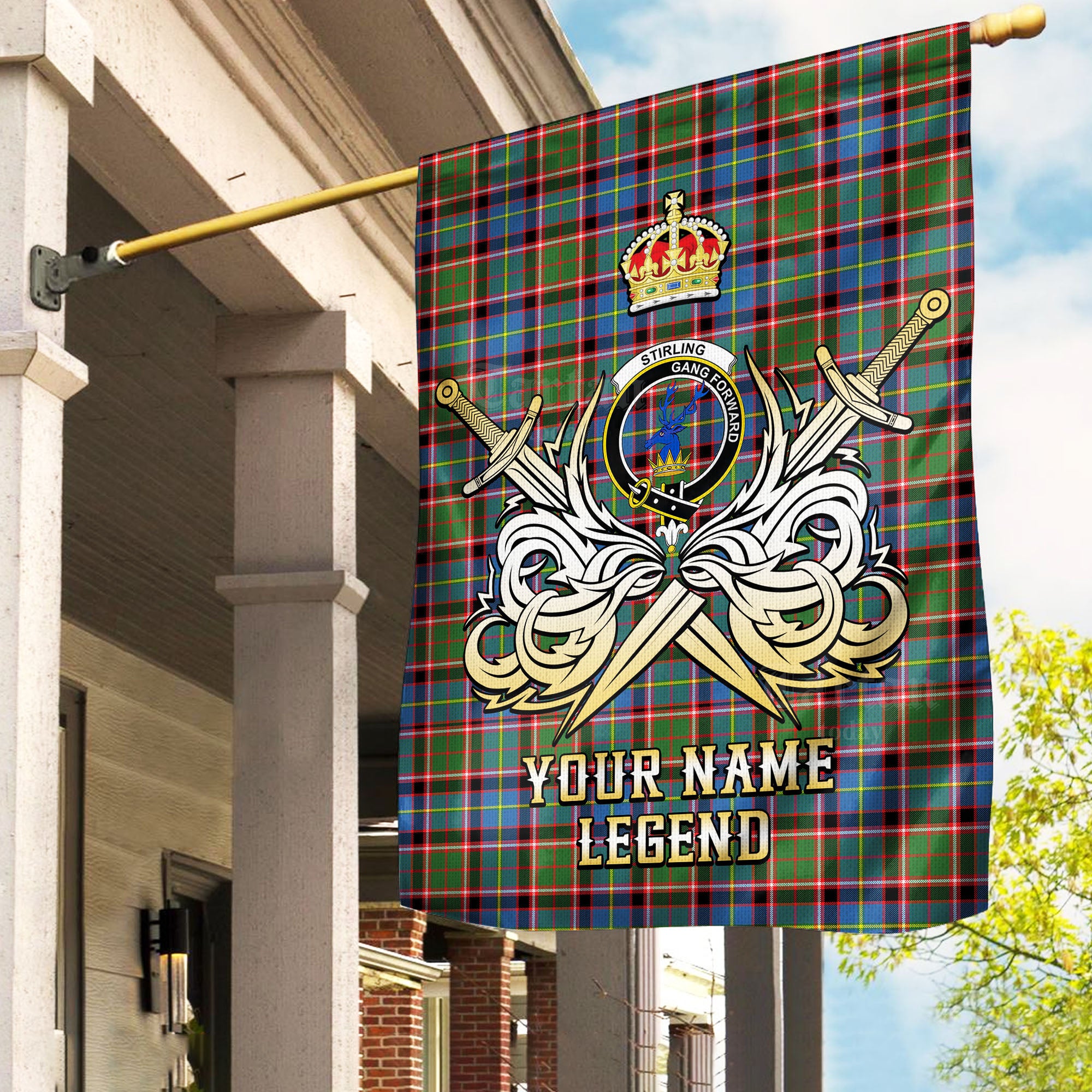 Custom Name Clan Stirling (of Cadder-Present Chief) Tartan Garden Flag with Clan Crest and the Golden Sword of Courageous Legacy QK38