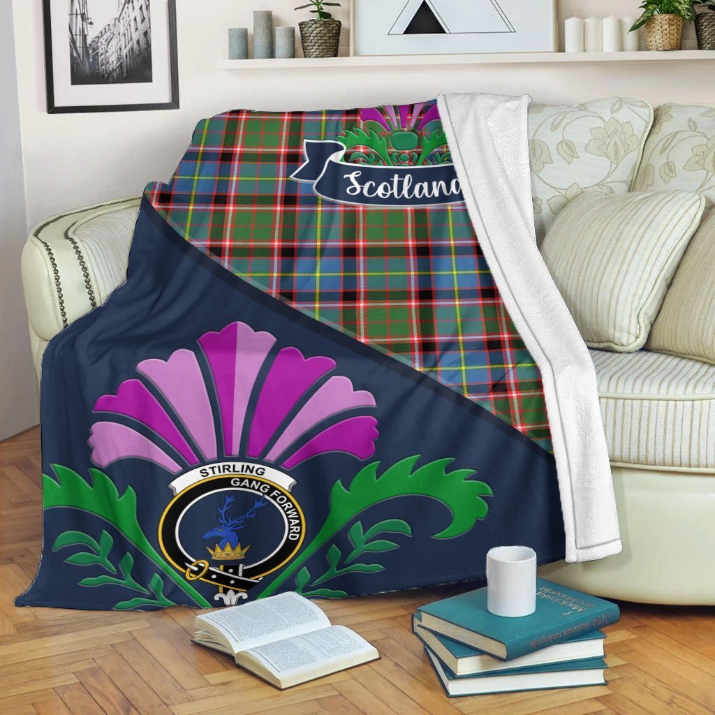 Clan Stirling (of Cadder-Present Chief) Tartan Crest Premium Blanket Thistle Style CV64 Clan Stirling Tartan Today   