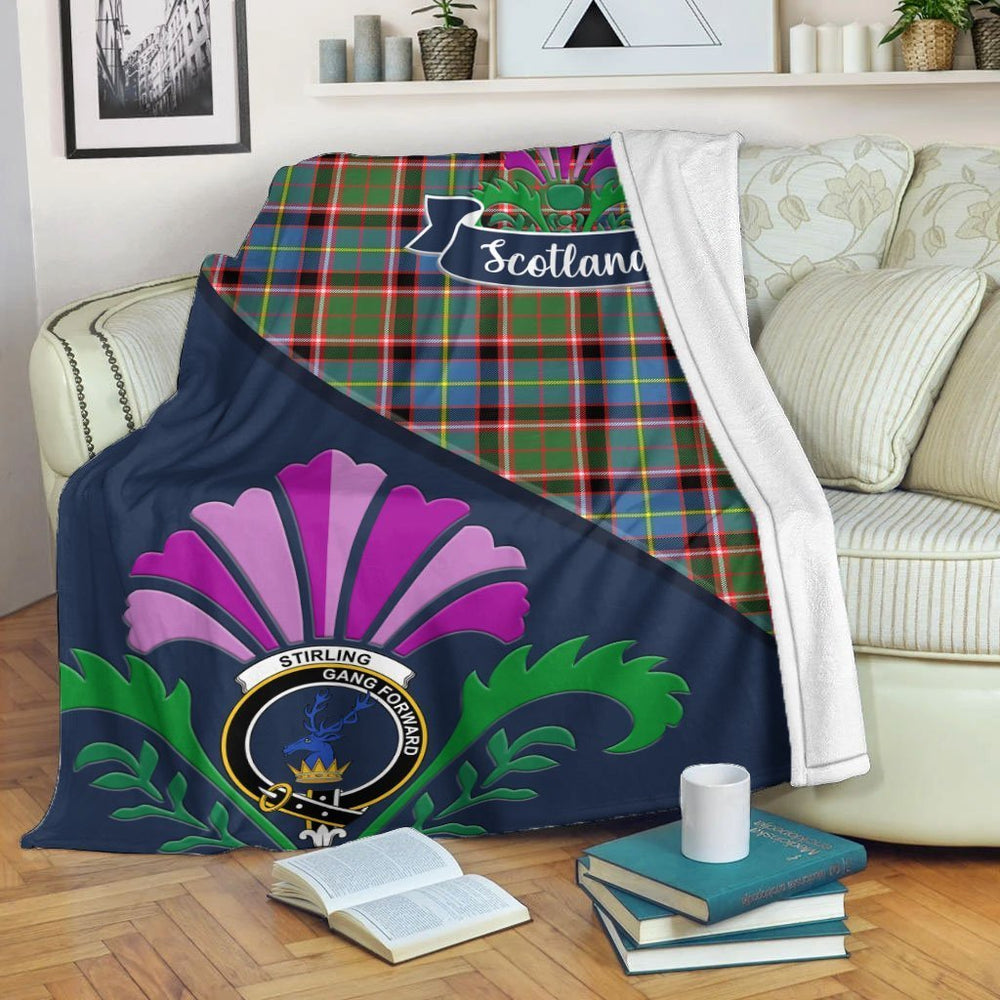 Clan Stirling (of Cadder-Present Chief) Tartan Crest Premium Blanket Thistle Style CV64 Clan Stirling Tartan Today   
