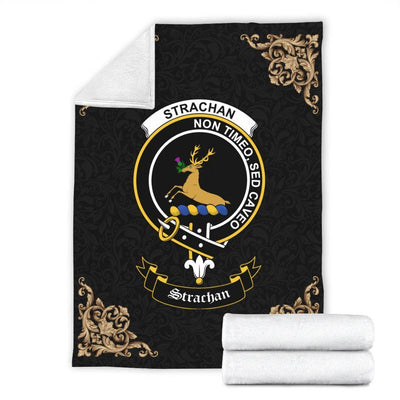 Clan Strachan Crest Tartan Premium Blanket Black