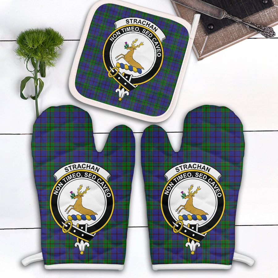 Clan Strachan Tartan Crest Oven Mitt And Pot Holder (2 Oven Mitts + 1 Pot Holder)