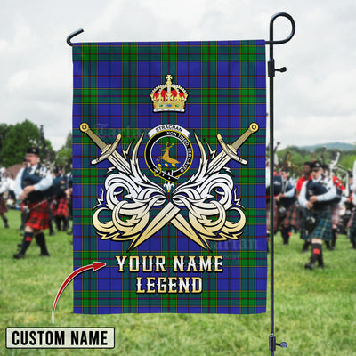 Custom Name Clan Strachan Tartan Garden Flag with Clan Crest and the Golden Sword of Courageous Legacy