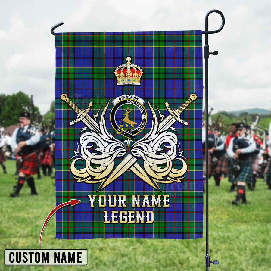 Personalized Custom Name Clan Strachan Tartan Garden Flag with Clan Crest and the Golden Sword of Courageous Legacy FQ52 - Strachan Tartan Design, Scottish Heritage Gift