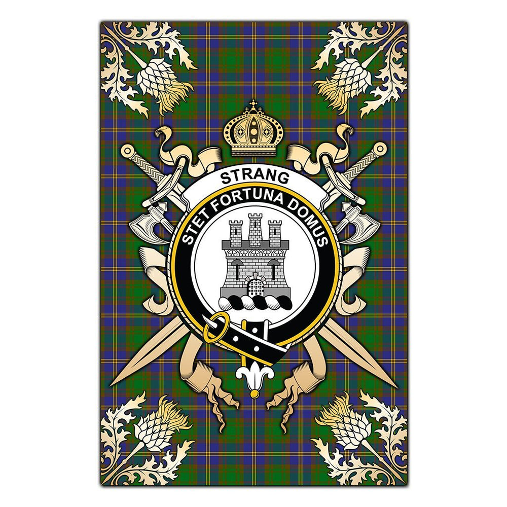 Clan Strange of Balkaskie Tartan Crest Black Garden Flag  - Gold Thistle  KZ55 Clan Strange Tartan Today   