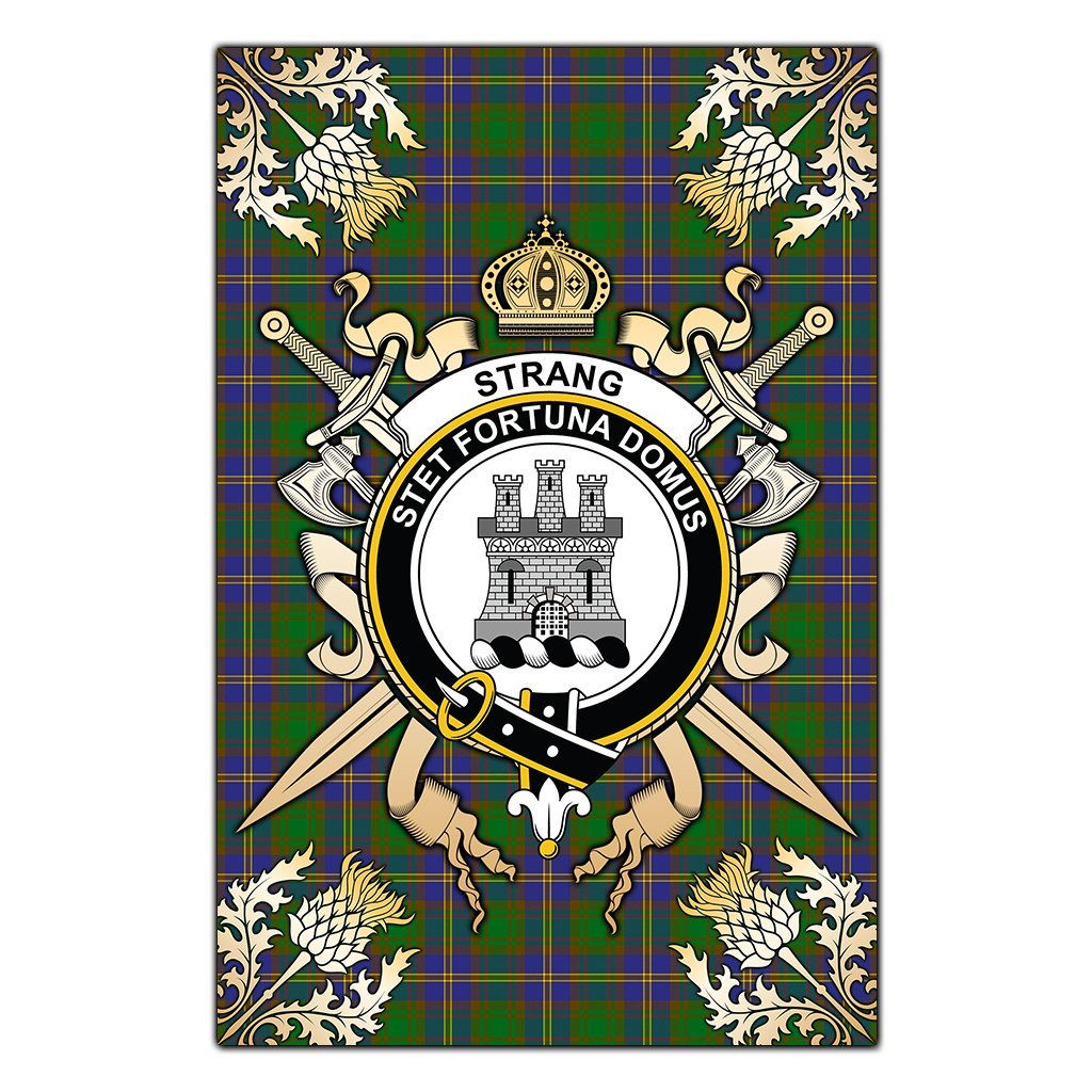 Clan Strange of Balkaskie Tartan Crest Black Garden Flag  - Gold Thistle  KZ55 Clan Strange Tartan Today   