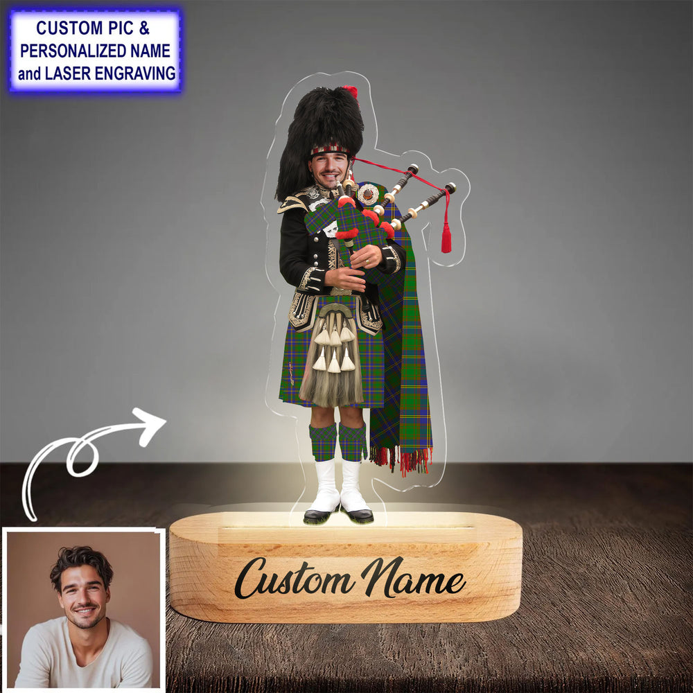 Custom Bagpipe Strange of Balkaskie Tartan LED Night Light - Personalized Scottish Bagpiper Figurine with Wooden Stand