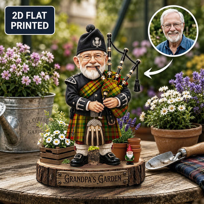 Personalized Strathearn Modern Clan Bagpipe Garden Gnome Caricature Plaque Custom Photo, Any Clan Tartan, Wood or Acrylic, Grandpa & Dad Gift, Scottish Highland Garden Decor XH73