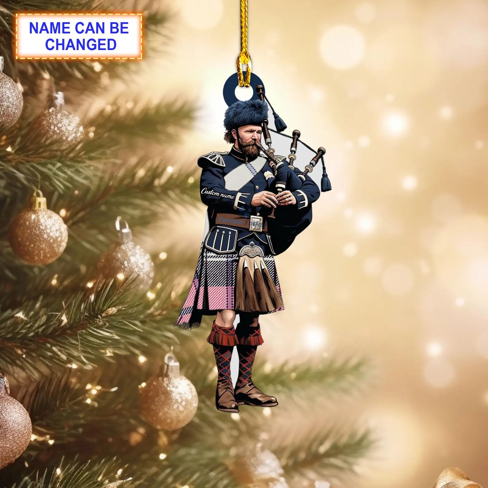 Sunart Pink Modern Tartan Bagpipe Ornament with Custom Name