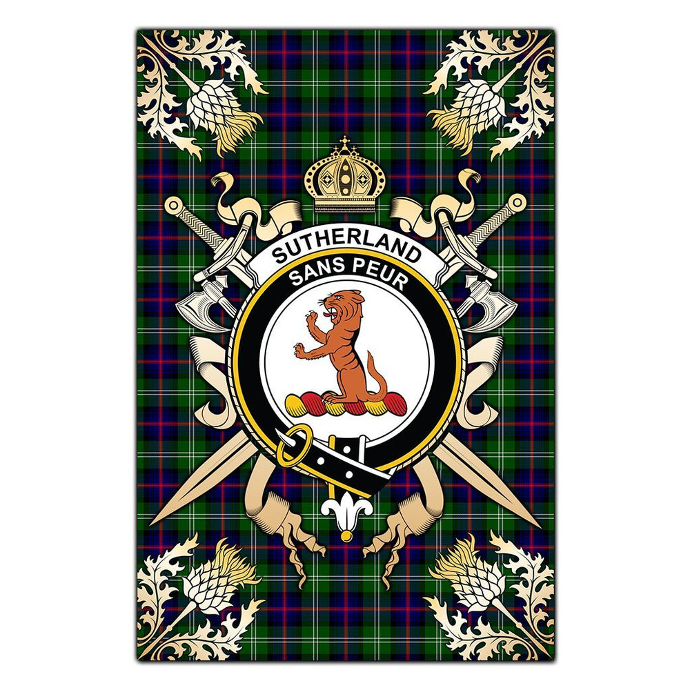 Clan Sutherland Modern Tartan Crest Black Garden Flag  - Gold Thistle  YS51 Clan Sutherland Tartan Today   