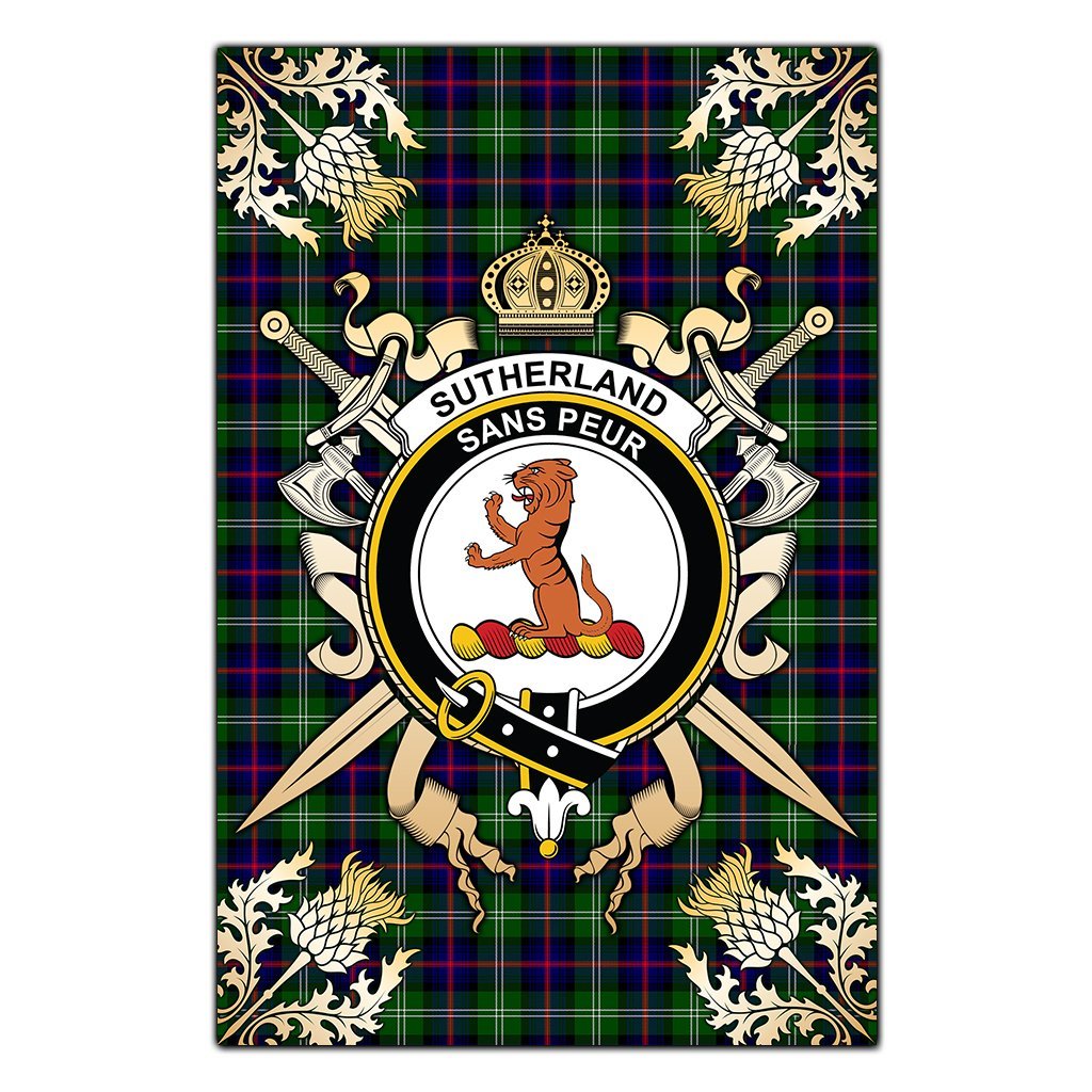 Clan Sutherland Modern Tartan Crest Black Garden Flag  - Gold Thistle  YS51 Clan Sutherland Tartan Today   