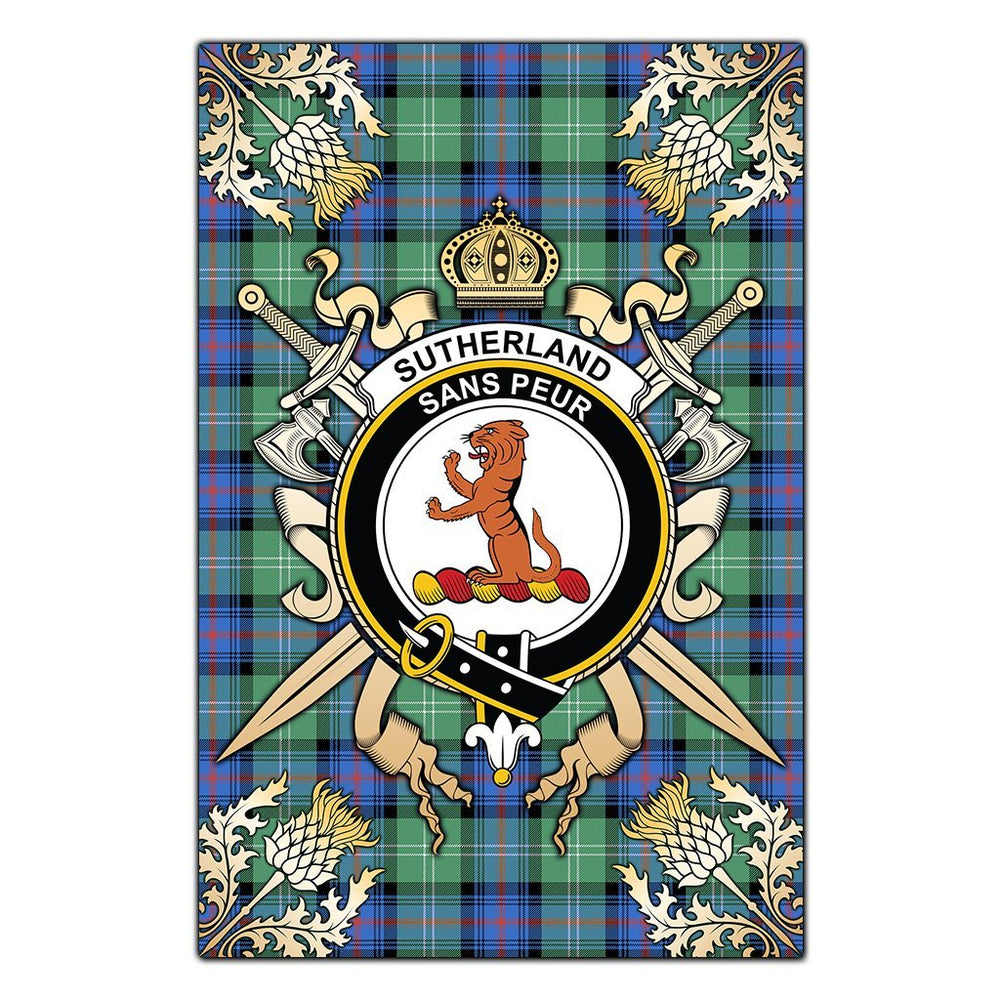 Clan Sutherland Old Ancient Tartan Crest Black Garden Flag  - Gold Thistle  QP29 Clan Sutherland Tartan Today   