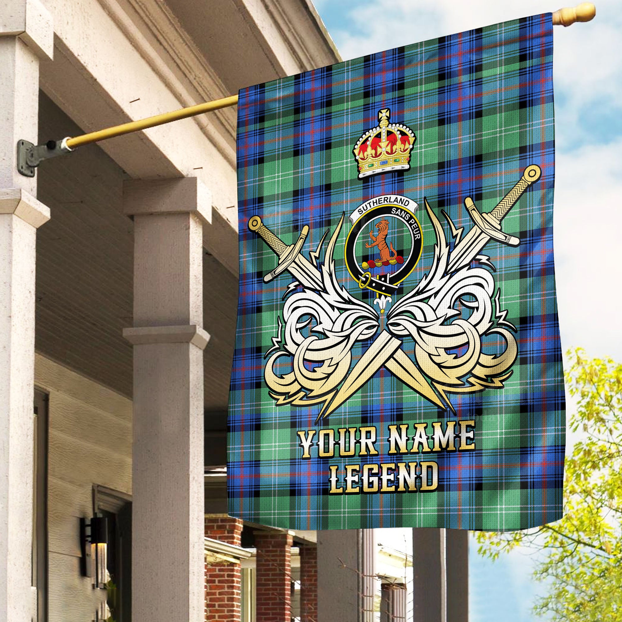 Custom Name Clan Sutherland Old Ancient Tartan Garden Flag with Clan Crest and the Golden Sword of Courageous Legacy JH64