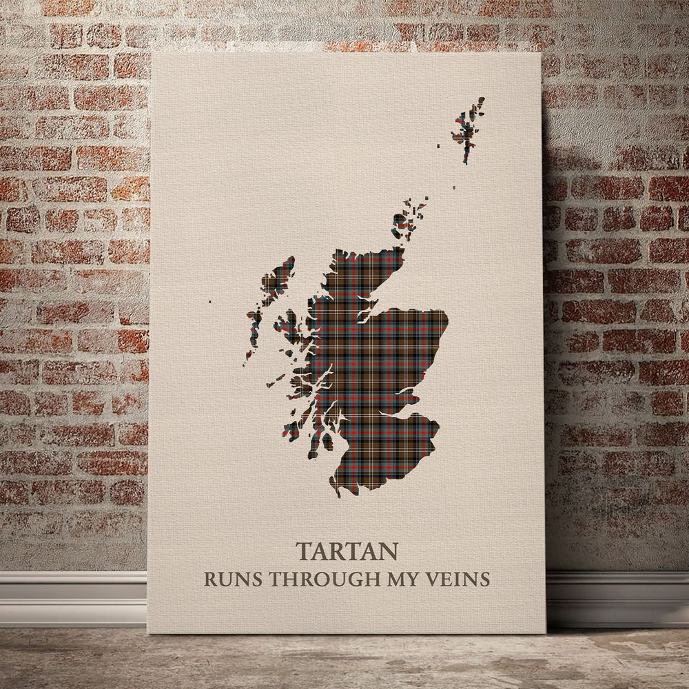 Sutherland Weathered Tartan Scotland Map Canvas – “Tartan Runs Through My Veins” Wall Art