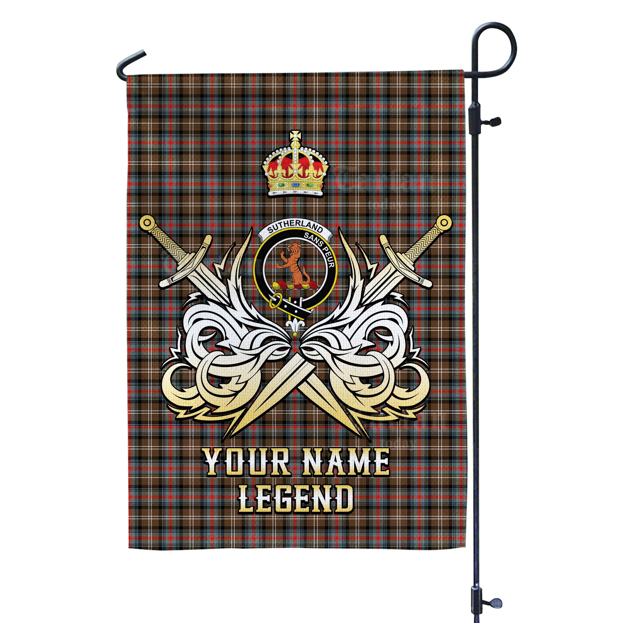 Custom Name Clan Sutherland Weathered Tartan Garden Flag with Clan Crest and the Golden Sword of Courageous Legacy VE84
