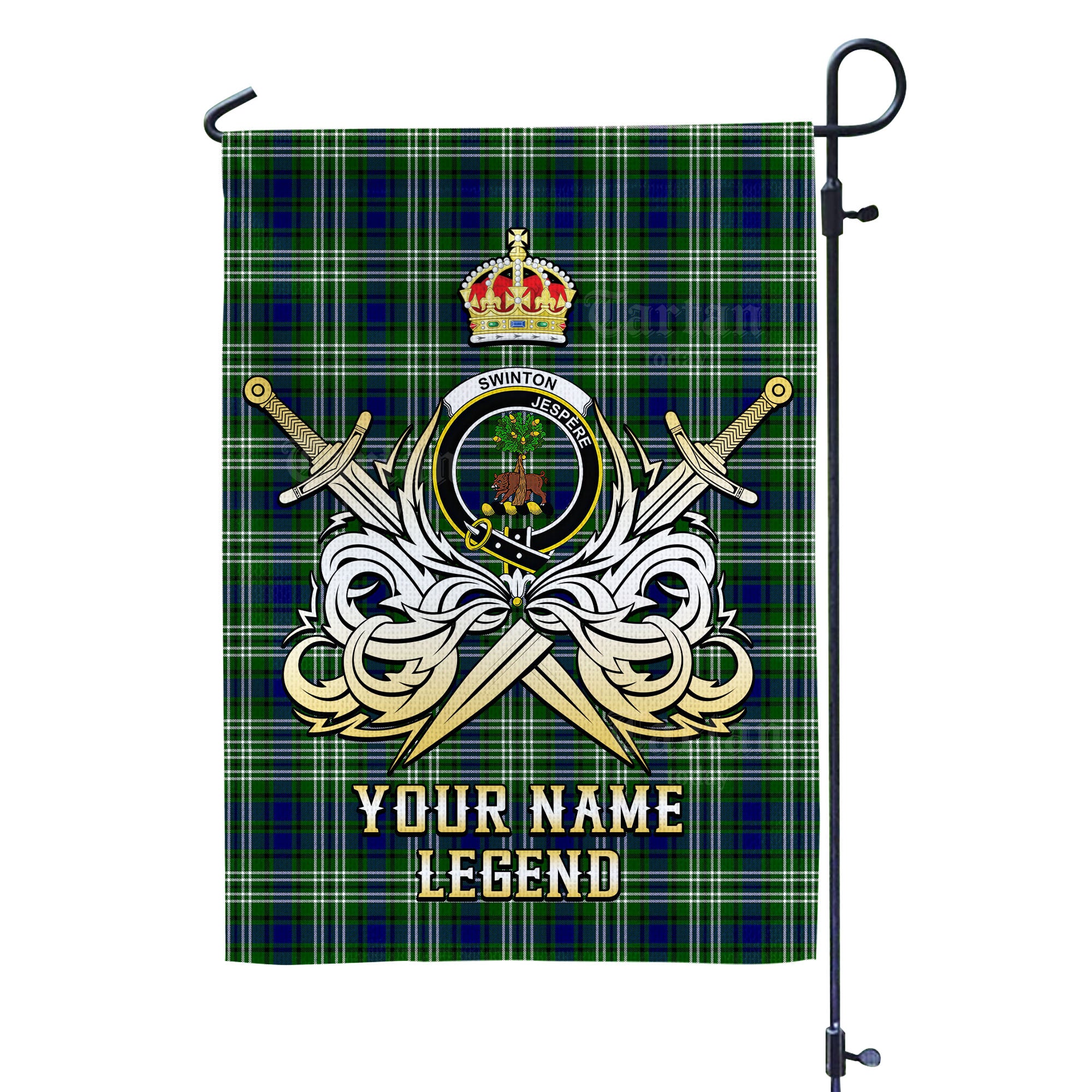 Custom Name Clan Swinton (Tweedside) Tartan Garden Flag with Clan Crest and the Golden Sword of Courageous Legacy ZZ88