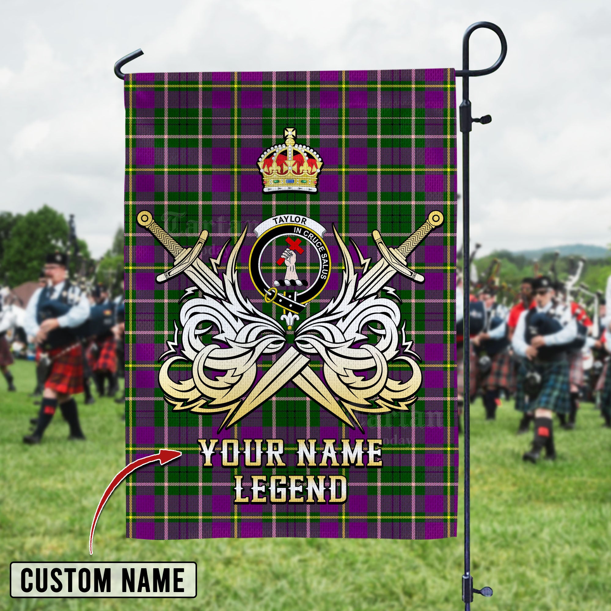 Personalized Custom Name Clan Taylor Tartan Garden Flag with Clan Crest and the Golden Sword of Courageous Legacy DA29 - Taylor Tartan Design, Scottish Heritage Gift