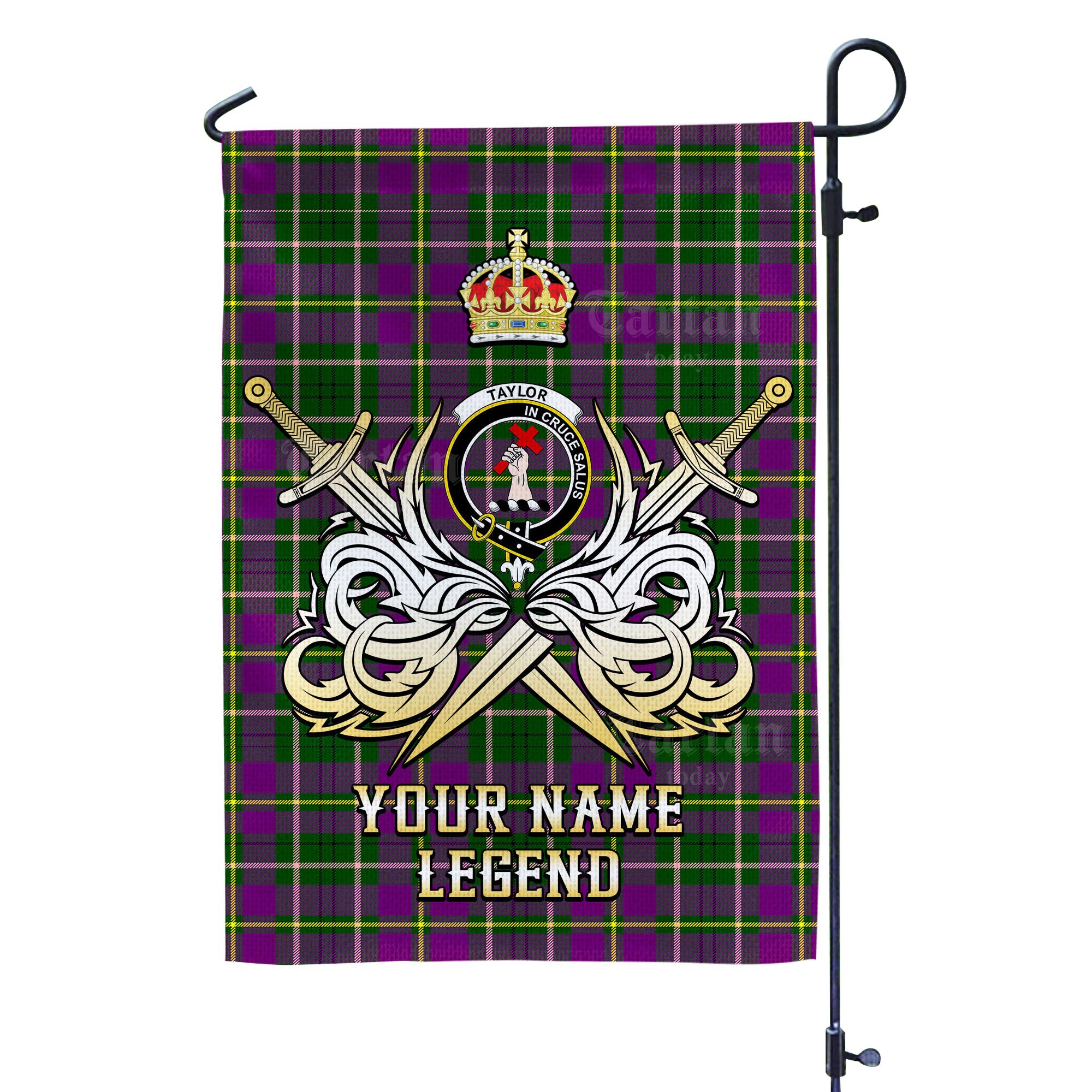 Custom Name Clan Taylor Tartan Garden Flag with Clan Crest and the Golden Sword of Courageous Legacy DA29