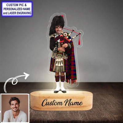 Custom Bagpipe Tennant Tartan LED Night Light - Personalized Scottish Bagpiper Figurine with Wooden Stand MD73