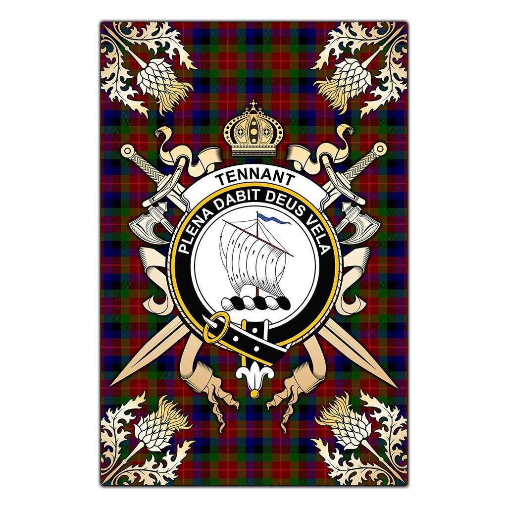 Clan Tennant Tartan Crest Black Garden Flag  - Gold Thistle  US16 Clan Tennant Tartan Today   