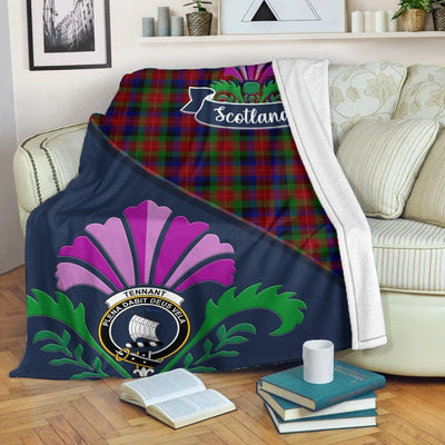 Clan Tennant Tartan Crest Premium Blanket Thistle Style