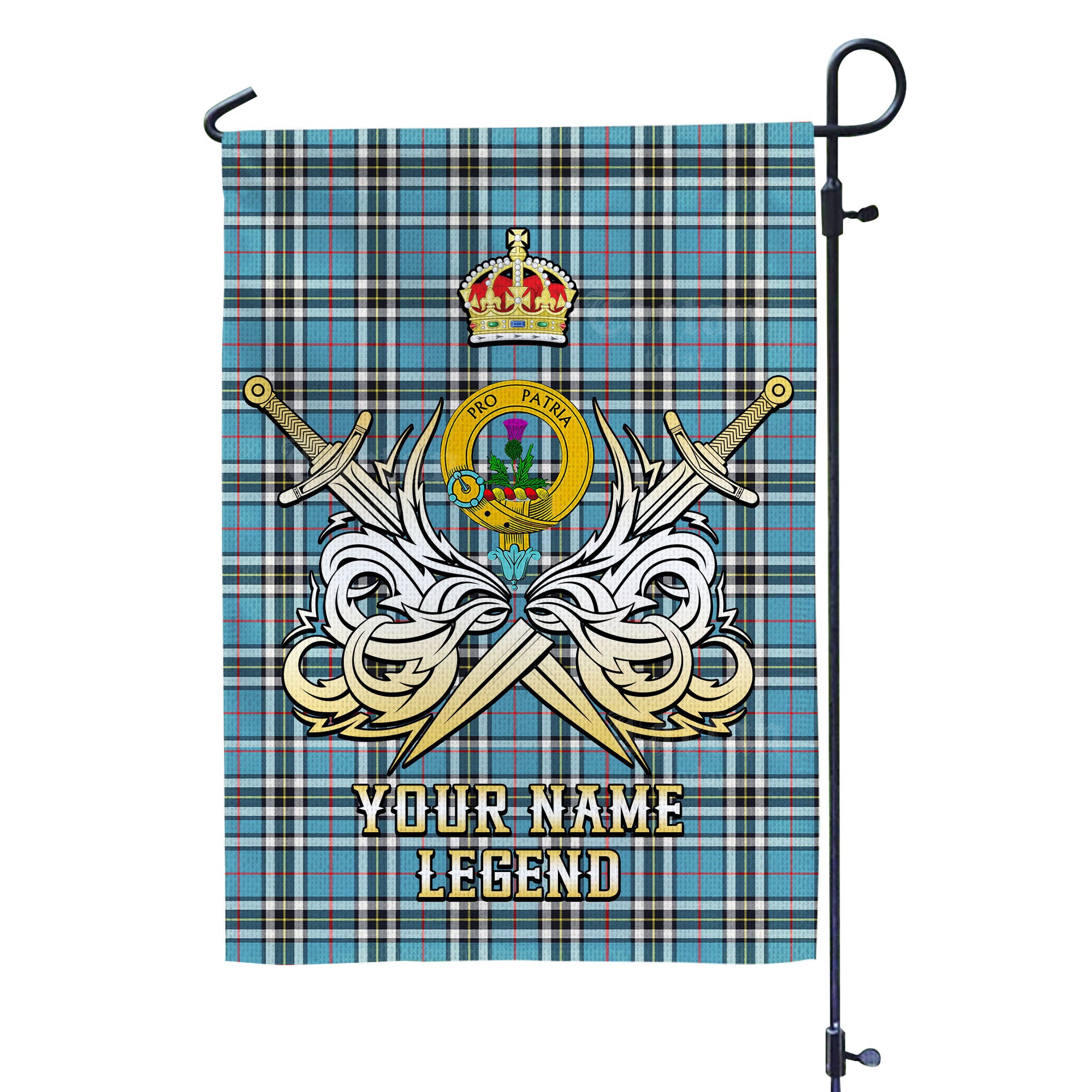 Custom Name Clan Thomson Tartan Garden Flag with Clan Crest and the Golden Sword of Courageous Legacy XE17