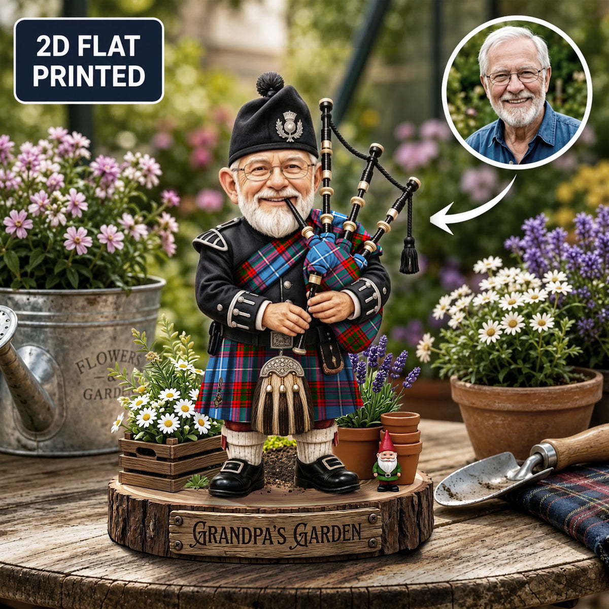 Personalized Trotter Clan Bagpipe Garden Gnome Caricature Plaque Custom Photo, Any Clan Tartan, Wood or Acrylic, Grandpa & Dad Gift, Scottish Highland Garden Decor DF76