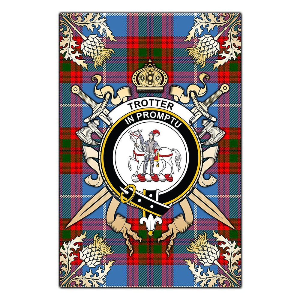 Clan Trotter Tartan Crest Black Garden Flag  - Gold Thistle  ZK96 Clan Trotter Tartan Today   
