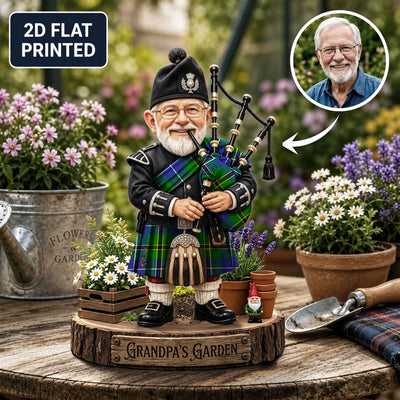 Personalized Turnbull Hunting Clan Bagpipe Garden Gnome Caricature Plaque Custom Photo, Any Clan Tartan, Wood or Acrylic, Grandpa & Dad Gift, Scottish Highland Garden Decor BS53