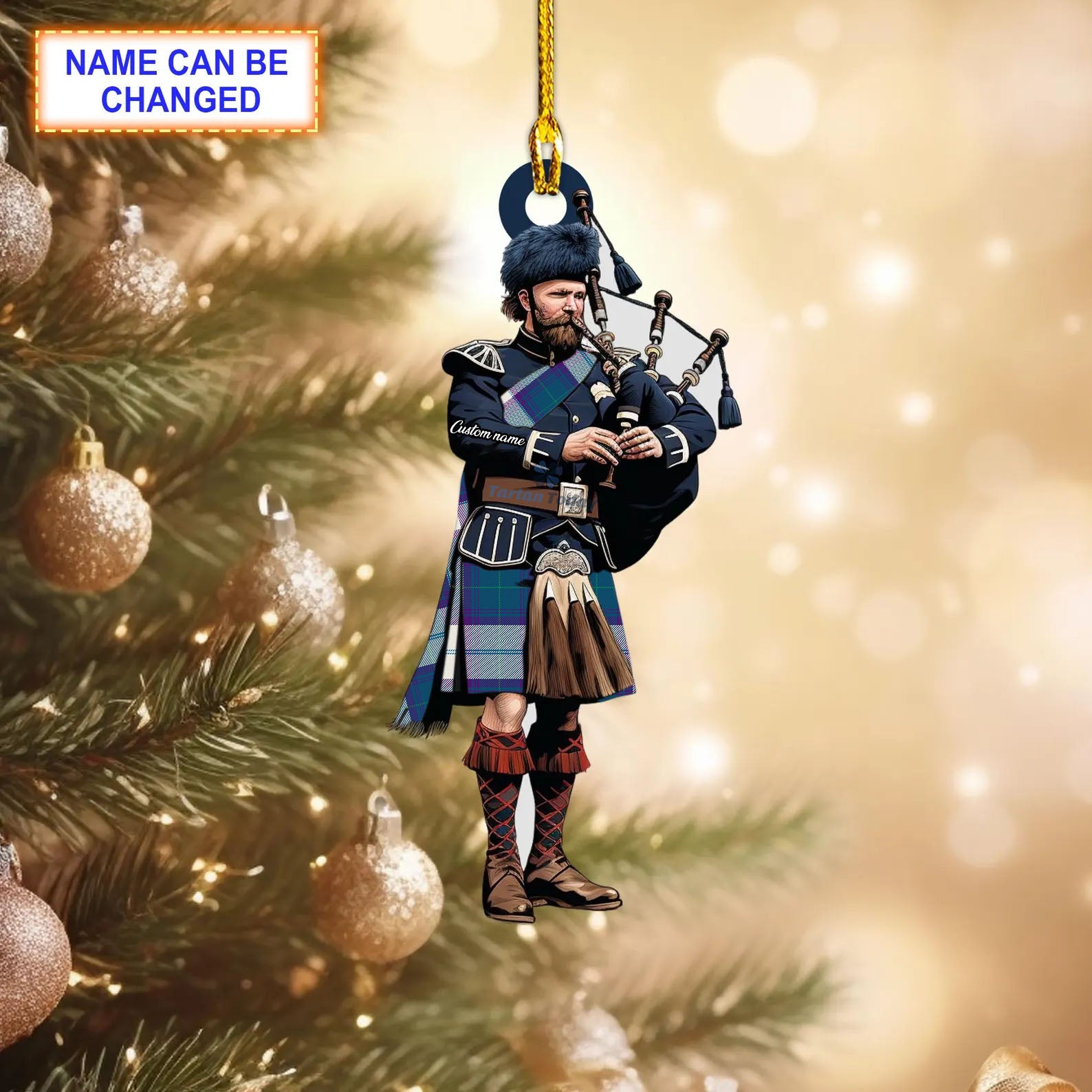 Tweedsmuir Blue Modern Tartan Bagpipe Ornament with Custom Name
