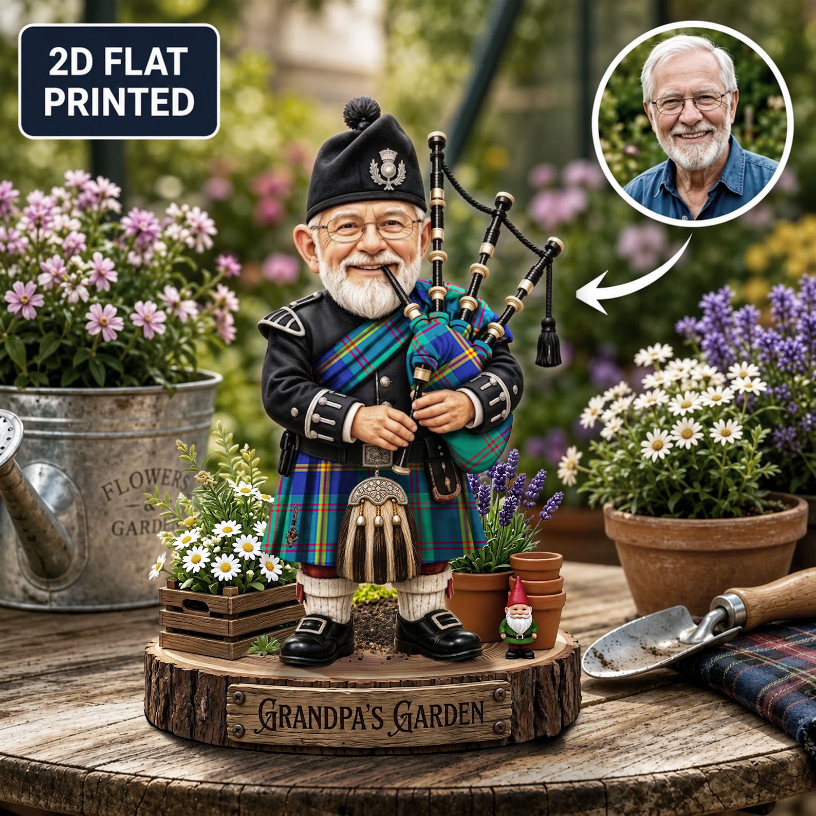 Personalized US Marine Clan Bagpipe Garden Gnome Caricature Plaque Custom Photo, Any Clan Tartan, Wood or Acrylic, Grandpa & Dad Gift, Scottish Highland Garden Decor DU19