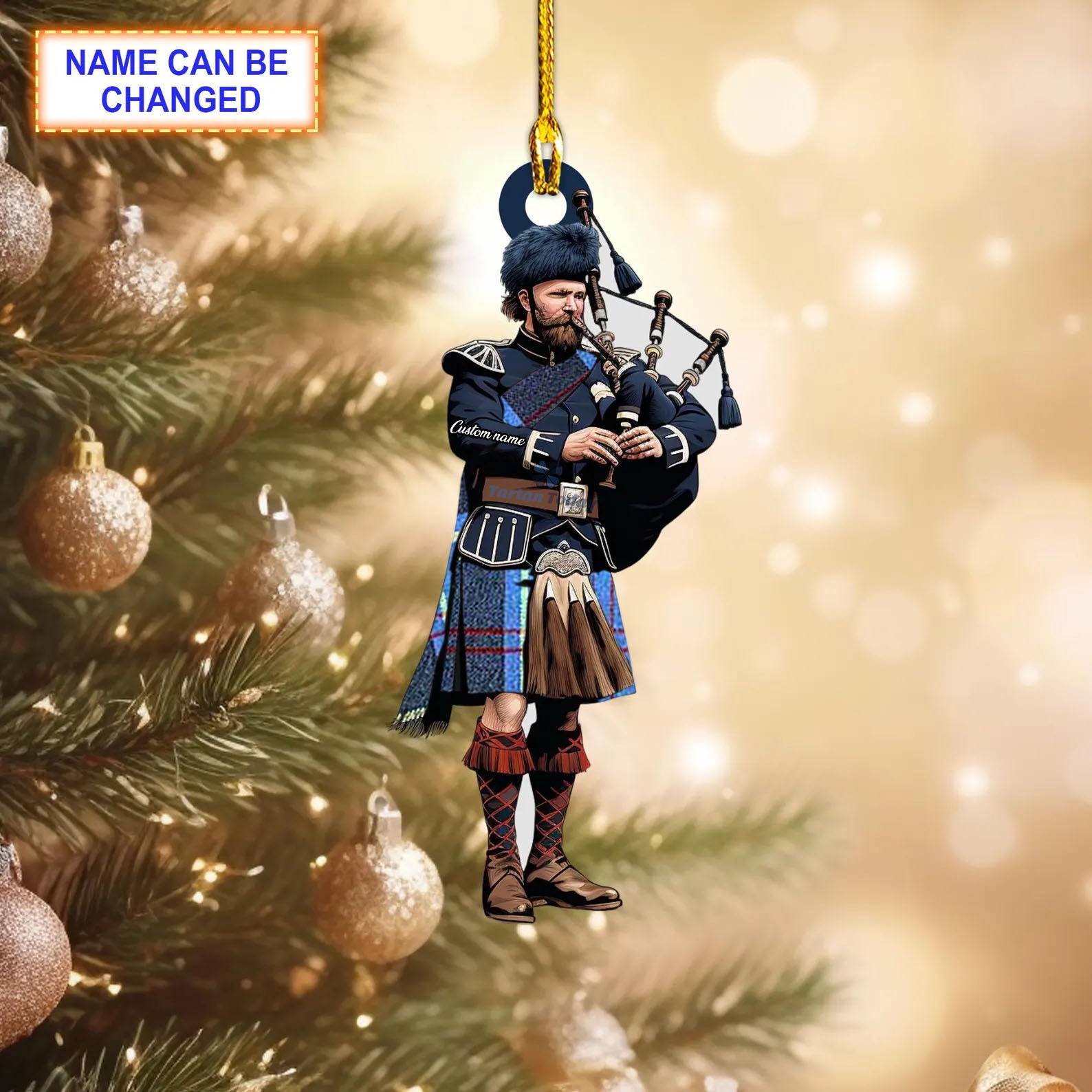 US Navy Edzell Modern Tartan Bagpipe Ornament with Custom Name