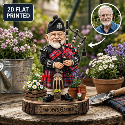 Personalized Udny Clan Bagpipe Garden Gnome Caricature Plaque Custom Photo, Any Clan Tartan, Wood or Acrylic, Grandpa & Dad Gift, Scottish Highland Garden Decor SY47