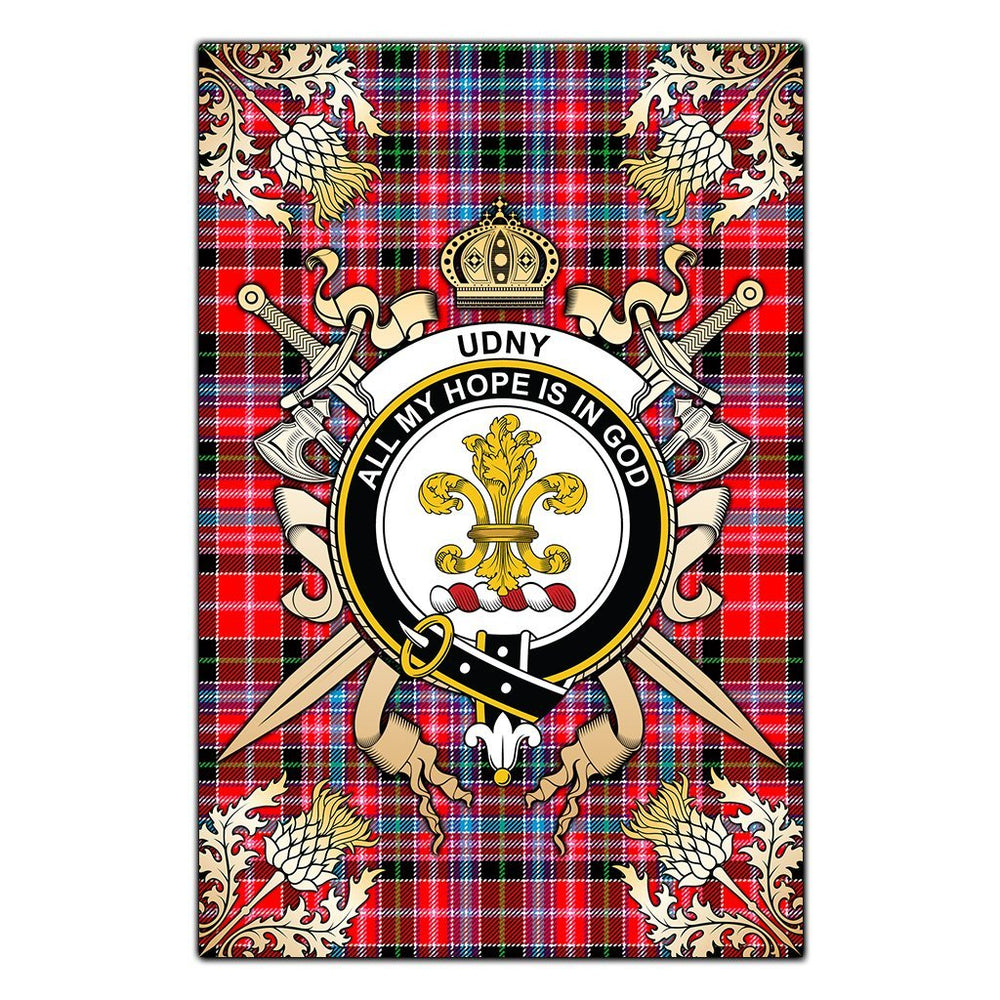 Clan Udny Tartan Crest Black Garden Flag  - Gold Thistle  BF63 Clan Udny Tartan Today   