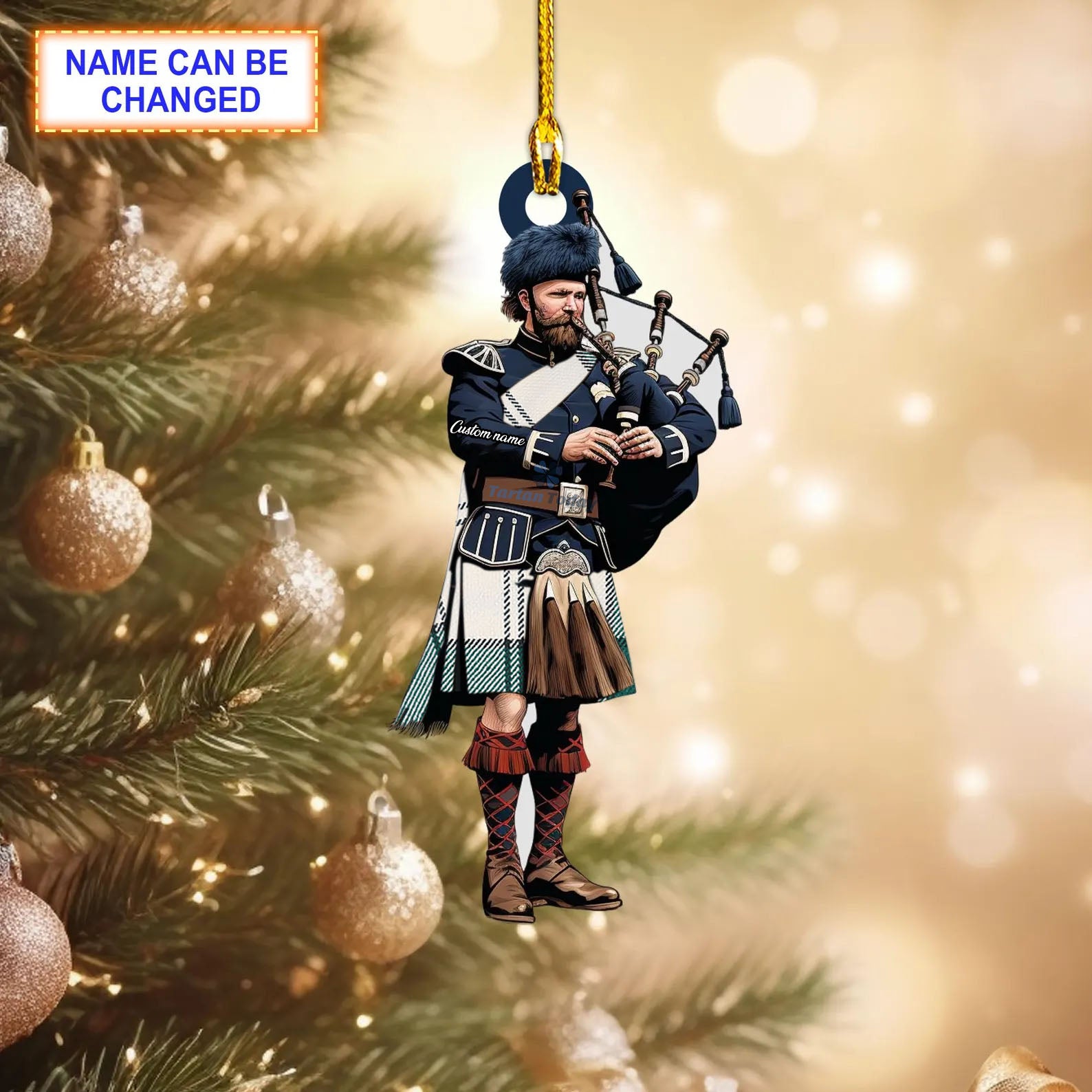 Uist Green Modern Tartan Bagpipe Ornament with Custom Name