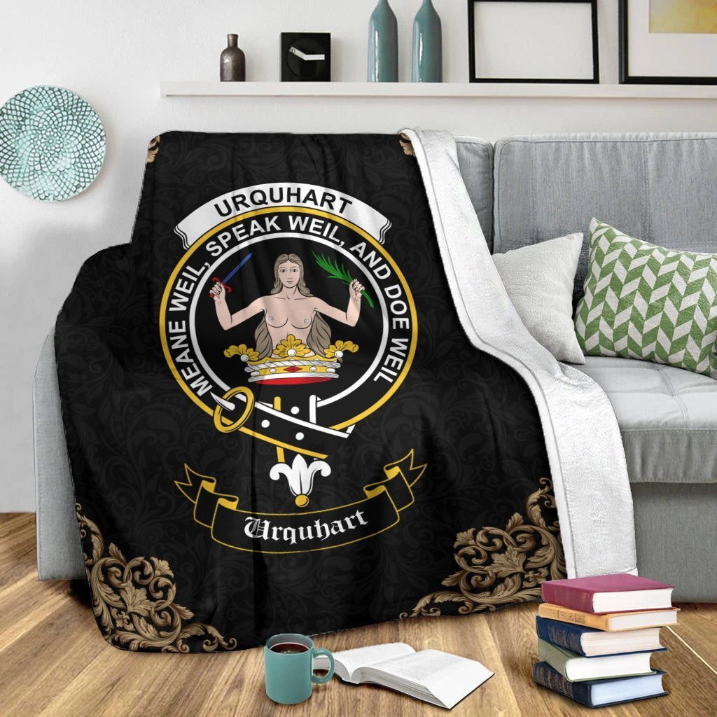 Clan Urquhart Crest Tartan Premium Blanket Black WT95 Clan Urquhart Tartan Today   