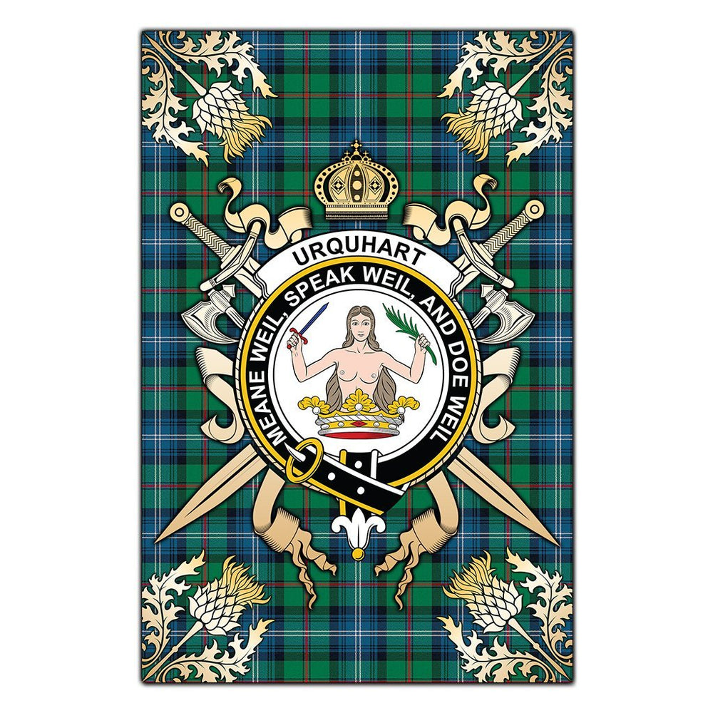 Clan Urquhart Ancient Tartan Crest Black Garden Flag  - Gold Thistle  JW84 Clan Urquhart Tartan Today   