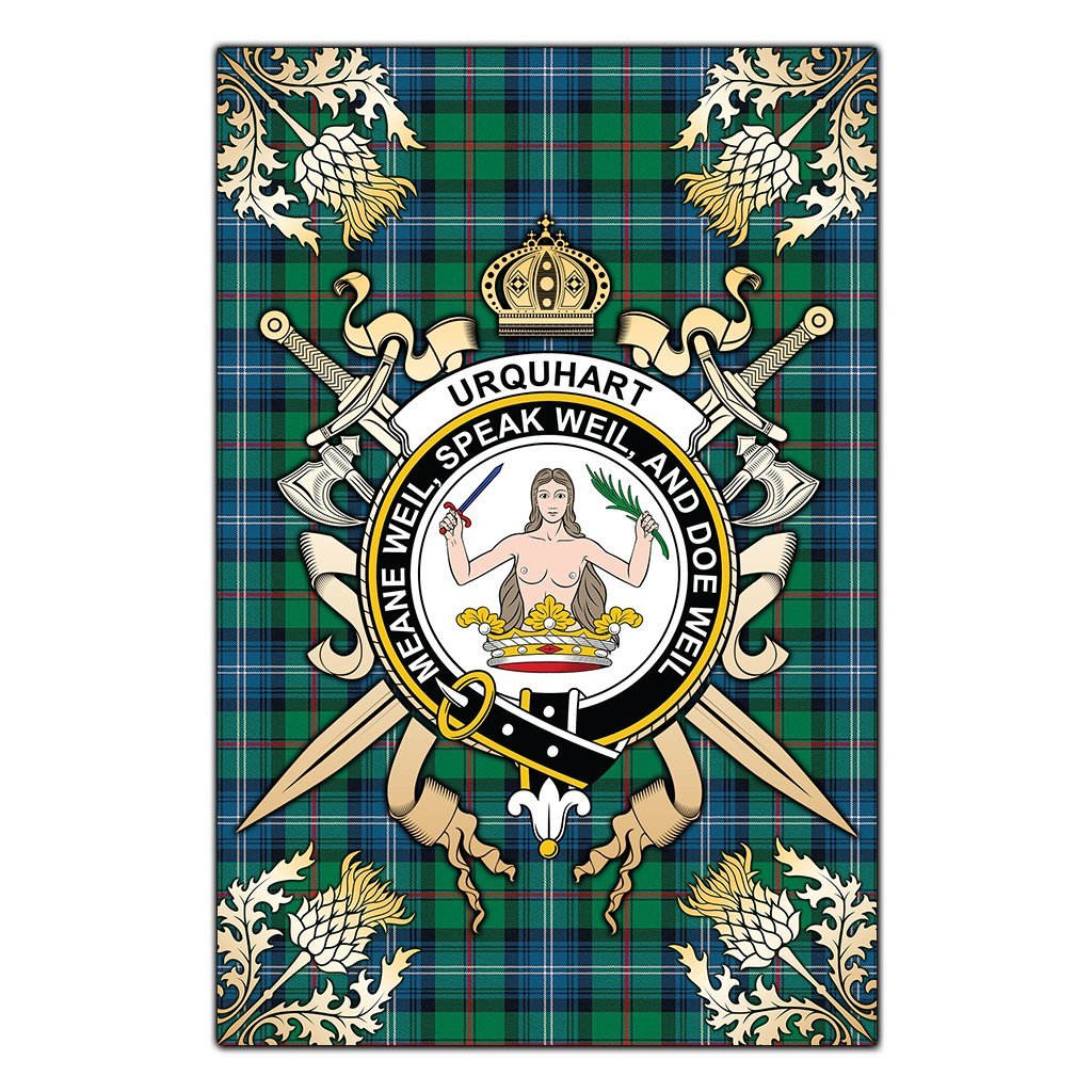 Clan Urquhart Ancient Tartan Crest Black Garden Flag  - Gold Thistle  JW84 Clan Urquhart Tartan Today   
